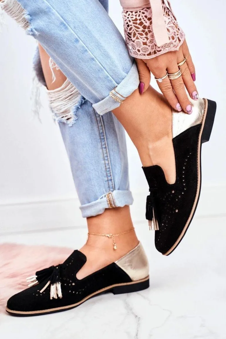 Damskie Półbuty Maciejka Skórzane Mokasyny Czarne 04484-01/00-5