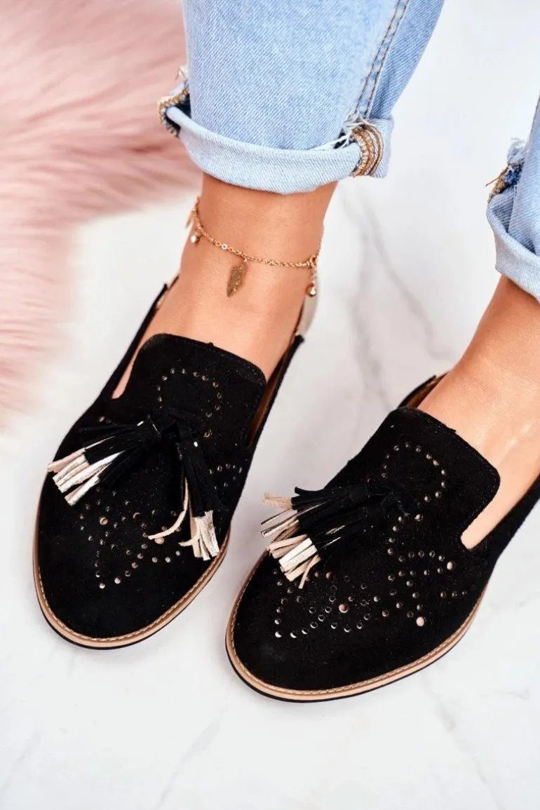 Damskie Półbuty Maciejka Skórzane Mokasyny Czarne 04484-01/00-5