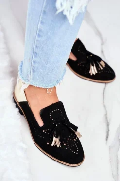 Damskie Półbuty Maciejka Skórzane Mokasyny Czarne 04484-01/00-5