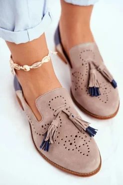 Damskie Półbuty Maciejka Skórzane Mokasyny Beżowe 04484-04/00-5