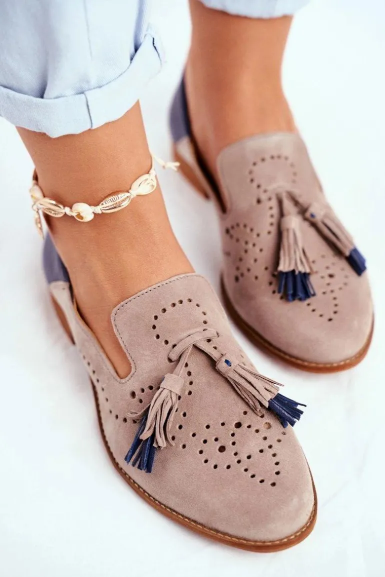 Damskie Półbuty Maciejka Skórzane Mokasyny Beżowe 04484-04/00-5