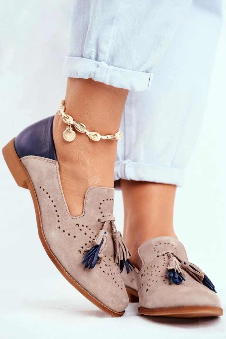 Damskie Półbuty Maciejka Skórzane Mokasyny Beżowe 04484-04/00-5