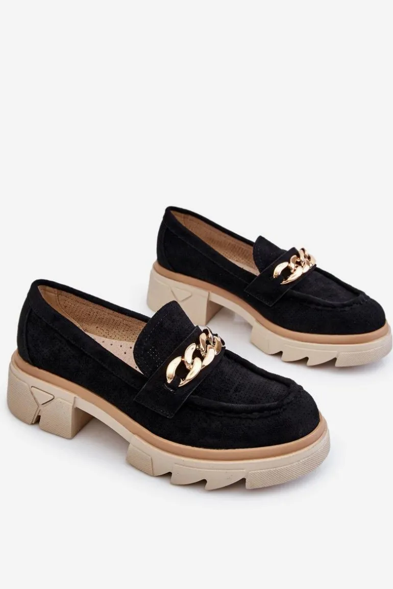 Damskie Półbuty Mokasyny Z Łańcuchem Czarne Luella