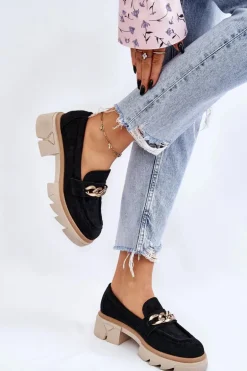 Damskie Półbuty Mokasyny Z Łańcuchem Czarne Luella