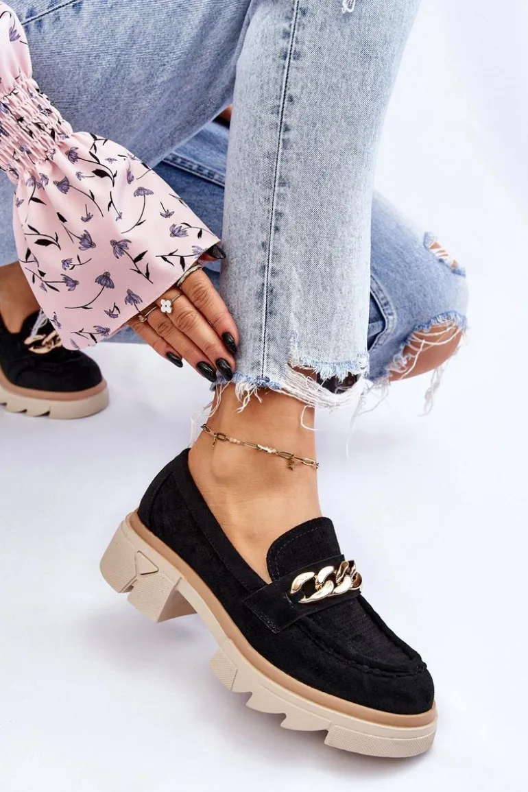 Damskie Półbuty Mokasyny Z Łańcuchem Czarne Luella