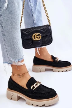 Damskie Półbuty Mokasyny Z Łańcuchem Czarne Luella