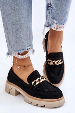 Damskie Półbuty Mokasyny Z Łańcuchem Czarne Luella