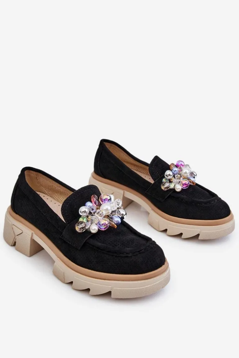 Damskie Półbuty Mokasyny Z Ozdobami Czarne Issac