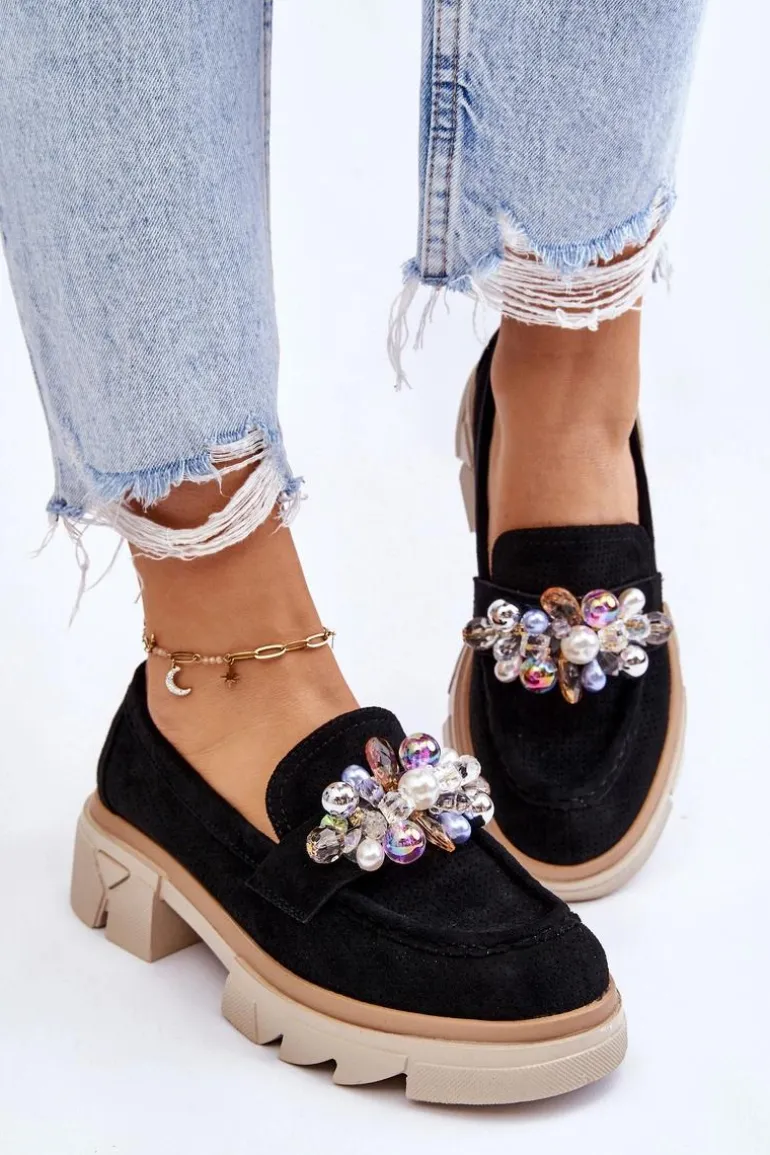 Damskie Półbuty Mokasyny Z Ozdobami Czarne Issac