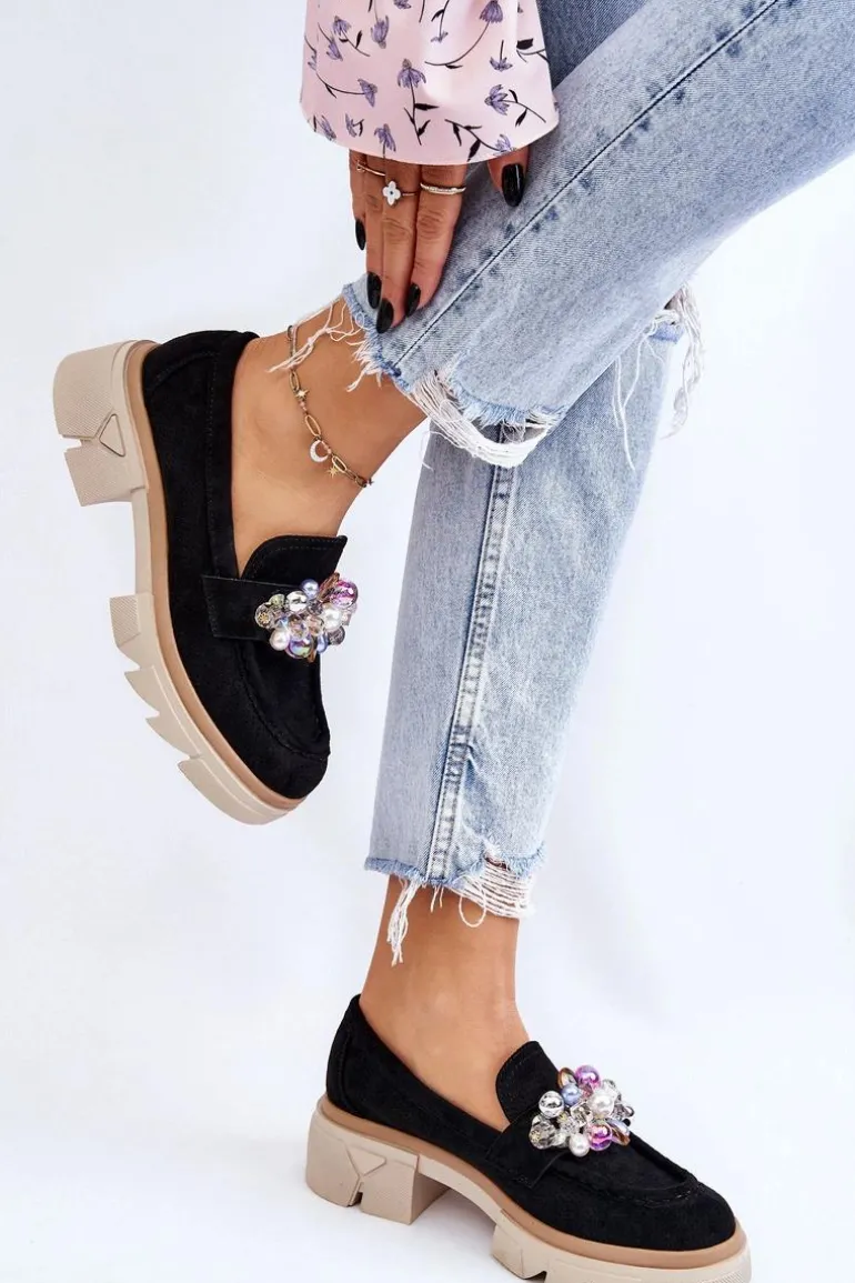 Damskie Półbuty Mokasyny Z Ozdobami Czarne Issac