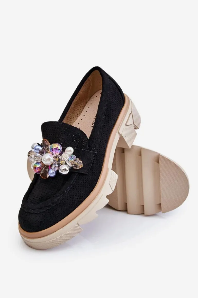 Damskie Półbuty Mokasyny Z Ozdobami Czarne Issac