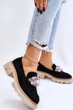 Damskie Półbuty Mokasyny Z Ozdobami Czarne Issac