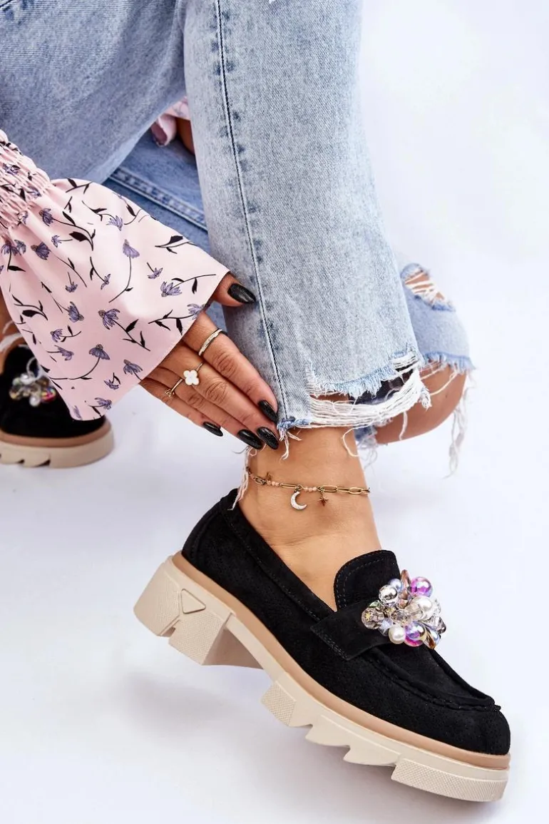 Damskie Półbuty Mokasyny Z Ozdobami Czarne Issac