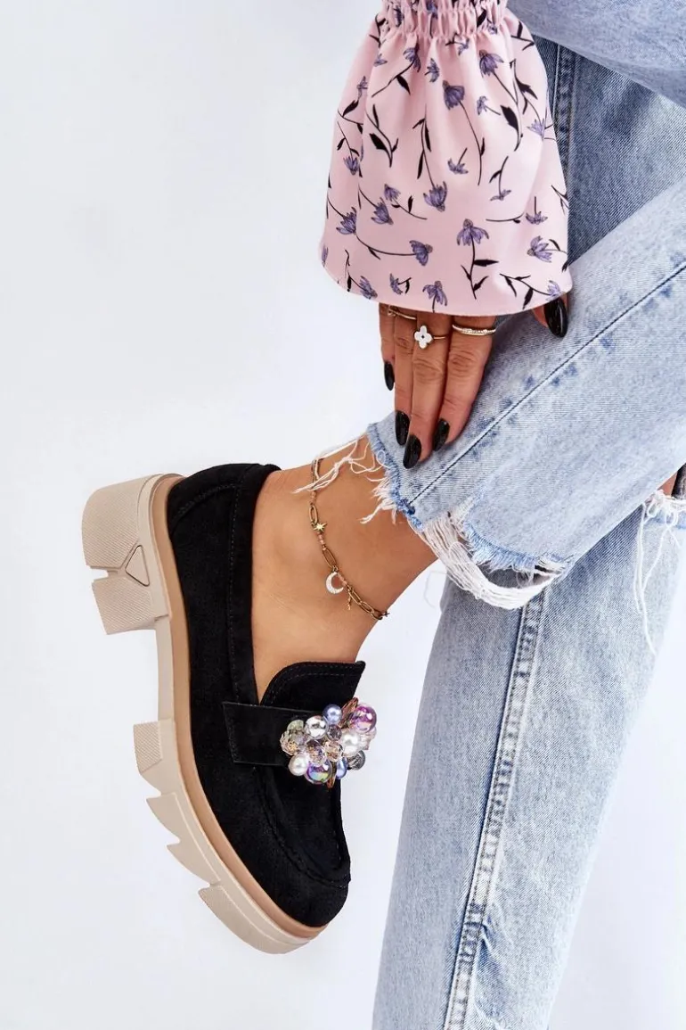 Damskie Półbuty Mokasyny Z Ozdobami Czarne Issac