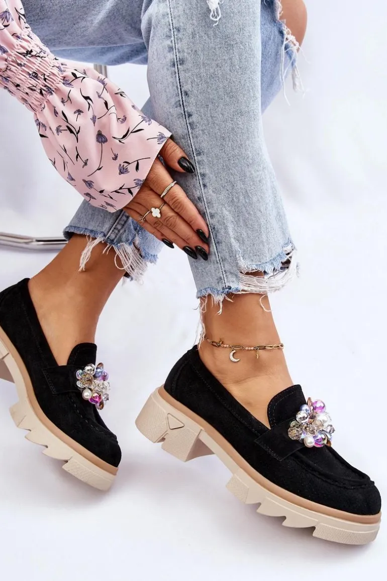 Damskie Półbuty Mokasyny Z Ozdobami Czarne Issac