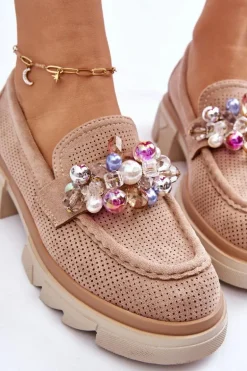 Damskie Półbuty Mokasyny Z Ozdobami Beżowe Issac