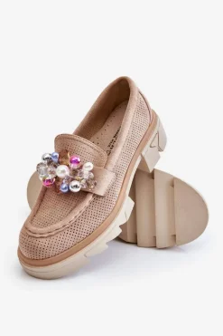 Damskie Półbuty Mokasyny Z Ozdobami Beżowe Issac