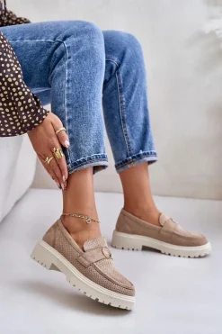 Damskie Półbuty Mokasyny Ze Złotym Detalem Khaki Arilva