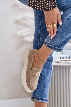 Damskie Półbuty Mokasyny Ze Złotym Detalem Khaki Arilva