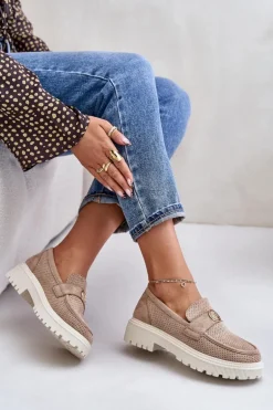 Damskie Półbuty Mokasyny Ze Złotym Detalem Khaki Arilva