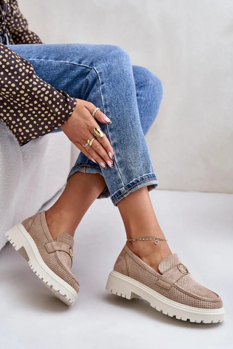 Damskie Półbuty Mokasyny Ze Złotym Detalem Khaki Arilva