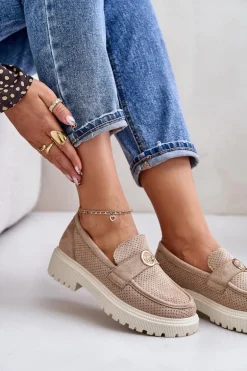 Damskie Półbuty Mokasyny Ze Złotym Detalem Khaki Arilva