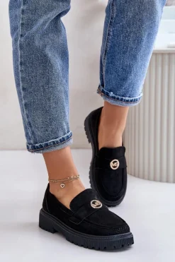 Damskie Półbuty Mokasyny Ze Złotym Detalem Czarne Arilva