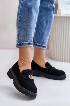 Damskie Półbuty Mokasyny Ze Złotym Detalem Czarne Arilva