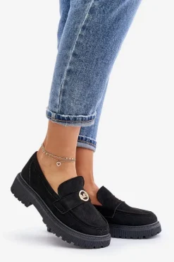 Damskie Półbuty Mokasyny Ze Złotym Detalem Czarne Arilva
