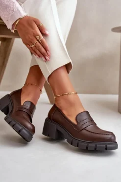 Damskie Półbuty Na Niskim Obcasie Z Eko Skóry Ciemnobrązowe Menloa