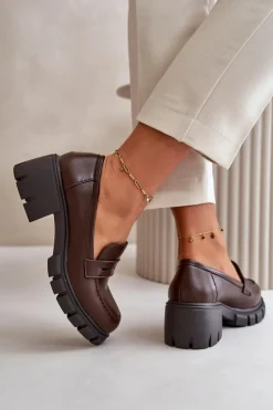 Damskie Półbuty Na Niskim Obcasie Z Eko Skóry Ciemnobrązowe Menloa