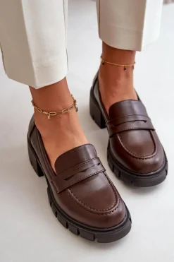 Damskie Półbuty Na Niskim Obcasie Z Eko Skóry Ciemnobrązowe Menloa