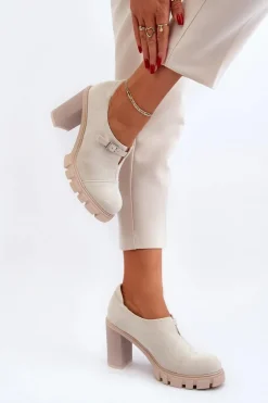 Damskie Półbuty Na Obcasie Słupku Jasnobeżowe Tauina