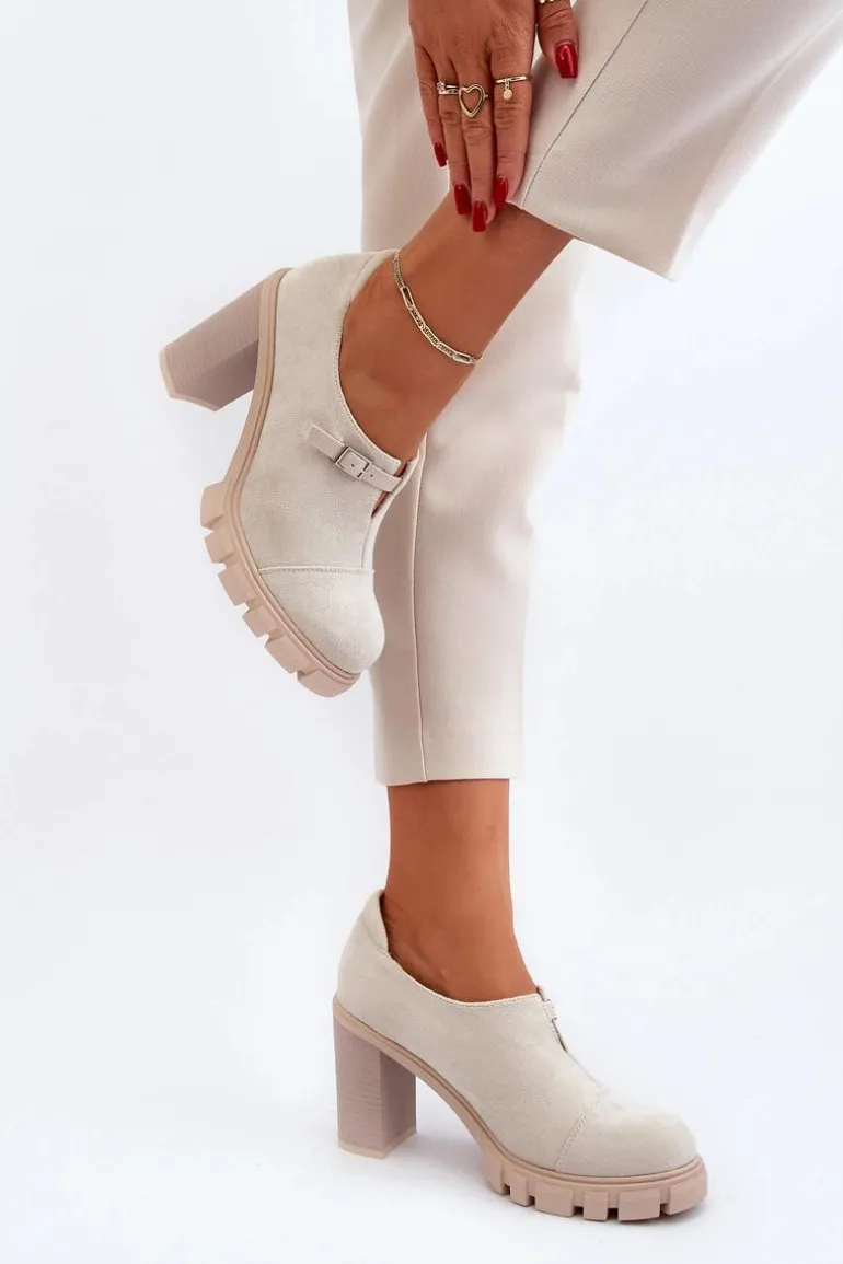 Damskie Półbuty Na Obcasie Słupku Jasnobeżowe Tauina