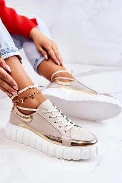 Damskie Półbuty Na Platformie Beżowo-Złote Noriso