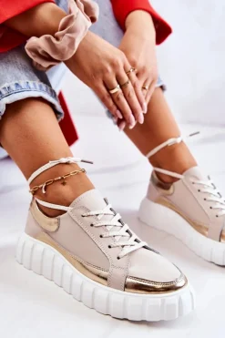 Damskie Półbuty Na Platformie Beżowo-Złote Noriso