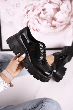 Damskie Półbuty Oxfordy Na Masywnej Platformie S.Barski HX23 Lakierowane Czarne