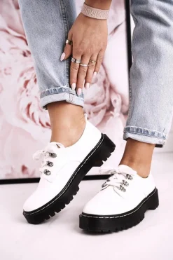 Damskie Półbuty Oxfordy Na Platformie S.Barski HX15 Lakierowane Białe