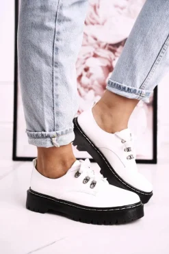 Damskie Półbuty Oxfordy Na Platformie S.Barski HX15 Lakierowane Białe