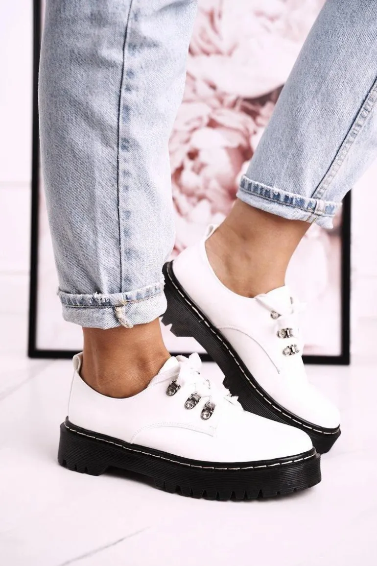 Damskie Półbuty Oxfordy Na Platformie S.Barski HX15 Lakierowane Białe