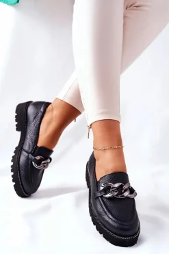 Damskie Półbuty Skórzane Loafery Czarne Sthonto