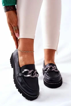 Damskie Półbuty Skórzane Loafery Czarne Sthonto