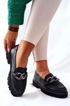 Damskie Półbuty Skórzane Loafery Czarne Sthonto