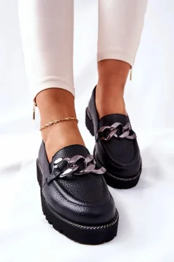 Damskie Półbuty Skórzane Loafery Czarne Sthonto