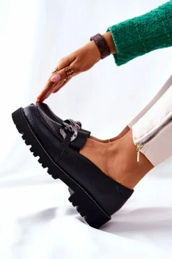 Damskie Półbuty Skórzane Loafery Czarne Sthonto