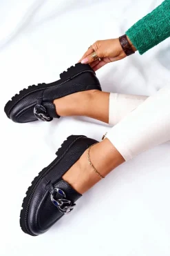 Damskie Półbuty Skórzane Loafery Czarne Sthonto