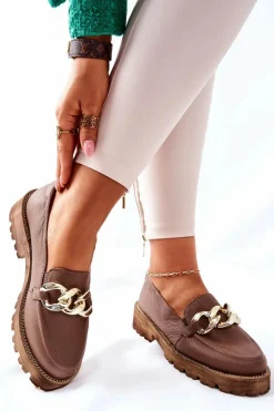 Damskie Półbuty Skórzane Loafery Brązowe Sthonto