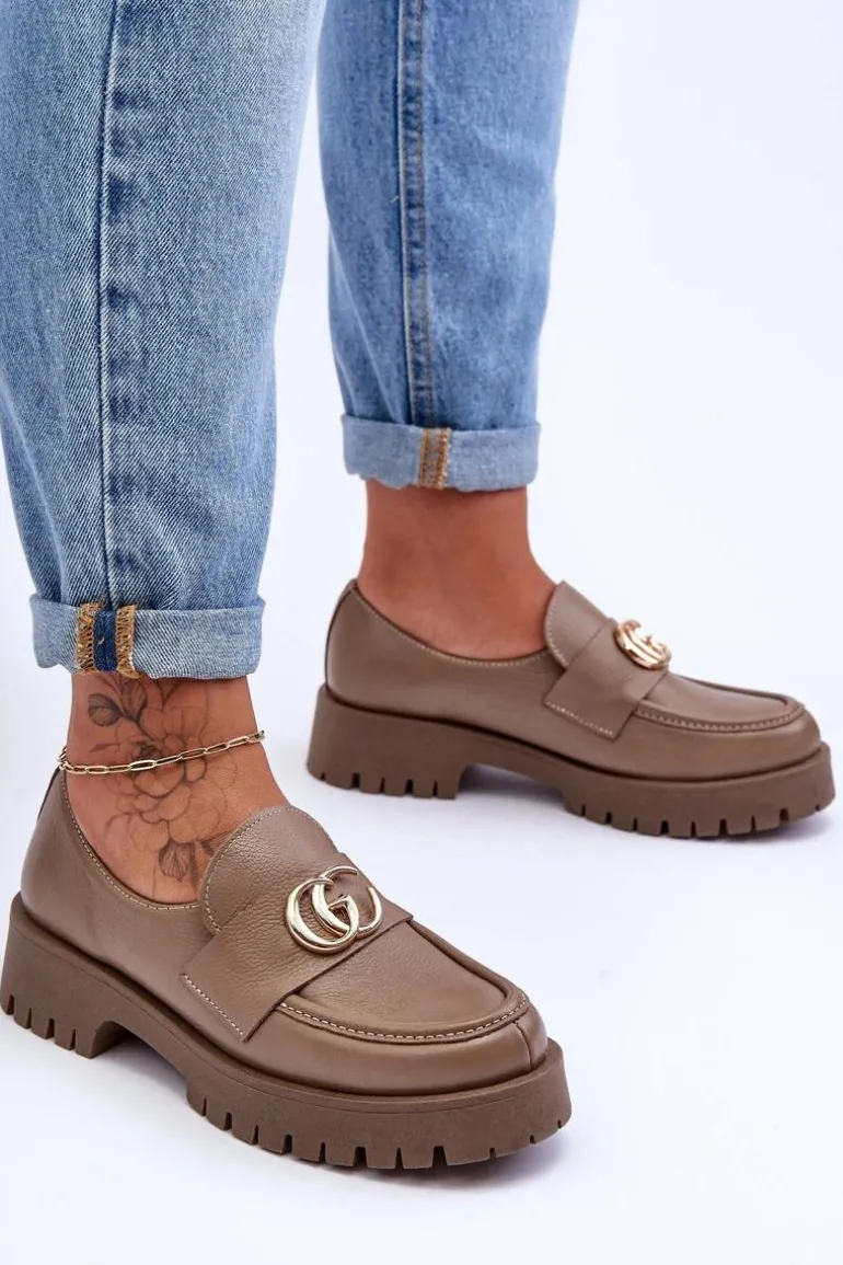 Damskie Półbuty Skórzane Z Ozdobą Ciemnobeżowe Rosefalls