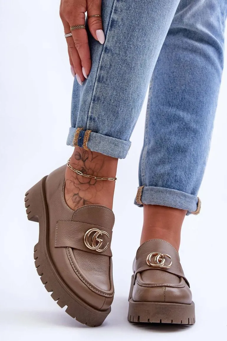 Damskie Półbuty Skórzane Z Ozdobą Ciemnobeżowe Rosefalls