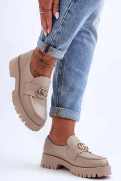 Damskie Półbuty Skórzane Z Ozdobą Beżowe Rosefalls